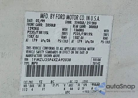 1999 Ford Explorer Eddie Bauer/Limited/Xlt from USA, damaged, VIN 1FMZU35P4XZA92038